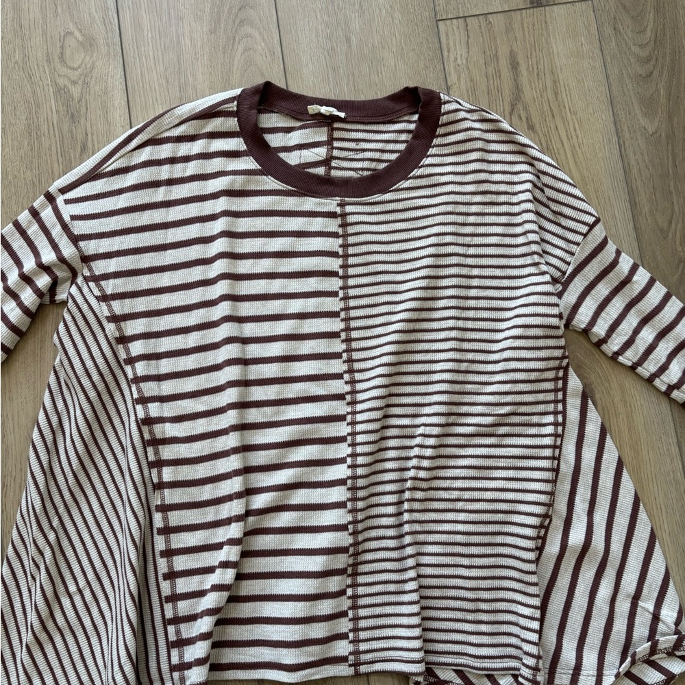 Easel Brown and Cream Striped Long Sleeve Top